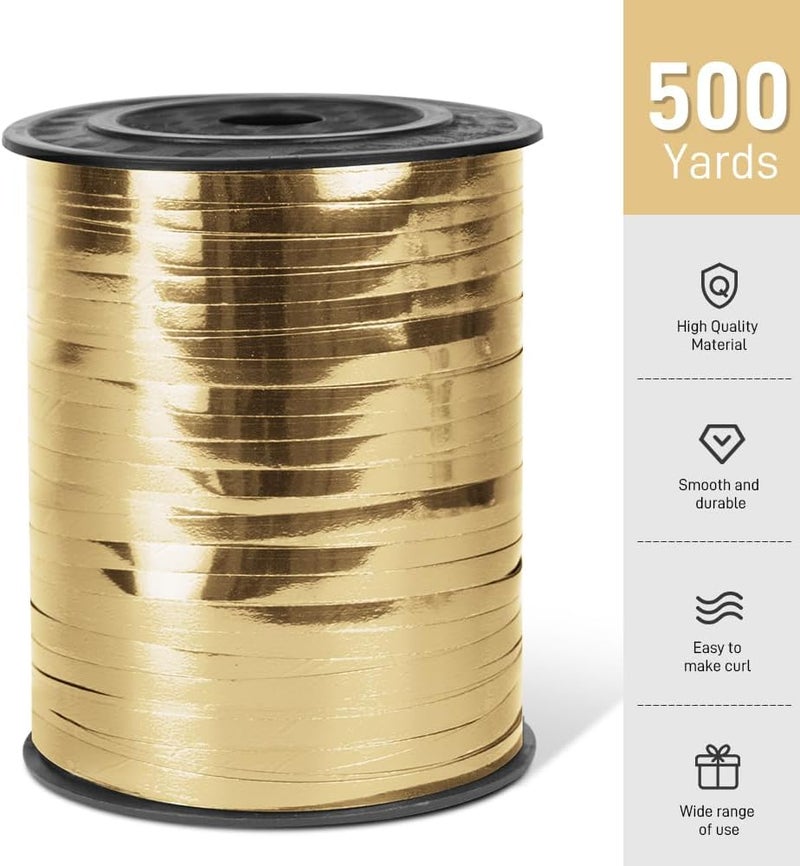 Isaspire 500 ياردة من شريط التزيين المعدني اللامع مع بكرة، 1/5" شرائط ملتوية - مثالي لتغليف الهدايا، وزهور بائع الزهور، وزينة حفلات عيد الميلاد، وشريط بالون في لون الشمبانيا الذهبي. - Image 2